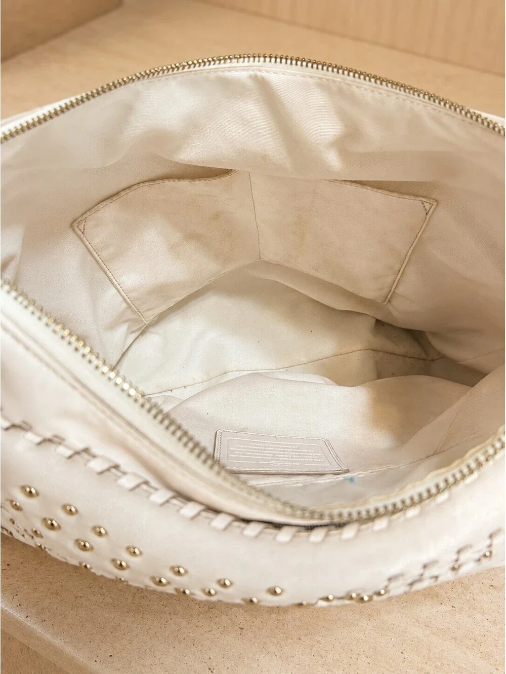 Coach Studded Leather Hobo Bag White Medium Shoulder Purse